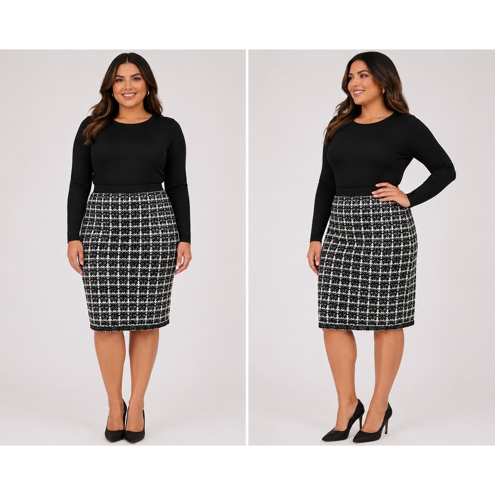 Karl Lagerfeld Paris Black White Metallic Plaid Knit Pencil Skirt XL 3185